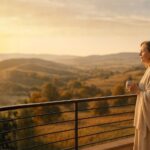 Wechseljahre ab 40 und wie du sie meisterst Frau Anfang 50 steht in eine Decke gehüllt auf einem Balkon und blickt im warmen Abendlicht über eine hügelige Landschaft. Sie hält eine Tasse in der Hand und wirkt ruhig und zufrieden – Symbol für Gelassenheit und Balance in den Wechseljahren.