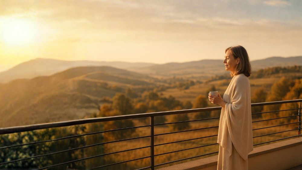 Frau Anfang 50 steht in eine Decke gehüllt auf einem Balkon und blickt im warmen Abendlicht über eine hügelige Landschaft. Sie hält eine Tasse in der Hand und wirkt ruhig und zufrieden – Symbol für Gelassenheit und Balance in den Wechseljahren.