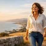 Warum Frauen ab 40 plötzlich ihr Leben hinterfragen Frau in weißem Shirt steht auf einem Hügel und blickt selbstbewusst in die Ferne