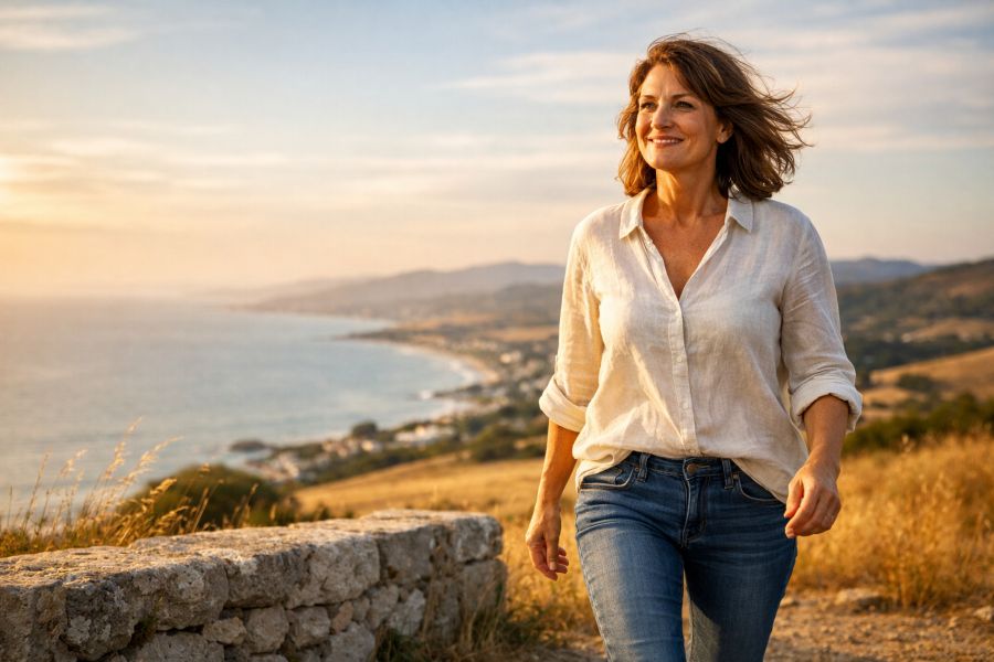 Frau in weißem Shirt steht auf einem Hügel und blickt selbstbewusst in die Ferne