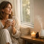 Ätherische Öle für Frauen ab 40 – kleine Rituale für Ruhe, Schlaf und emotionale Balance Frau um die 40 entspannt am Fenster mit Tee und Aromadiffuser – Selbstfürsorge mit ätherischen Ölen