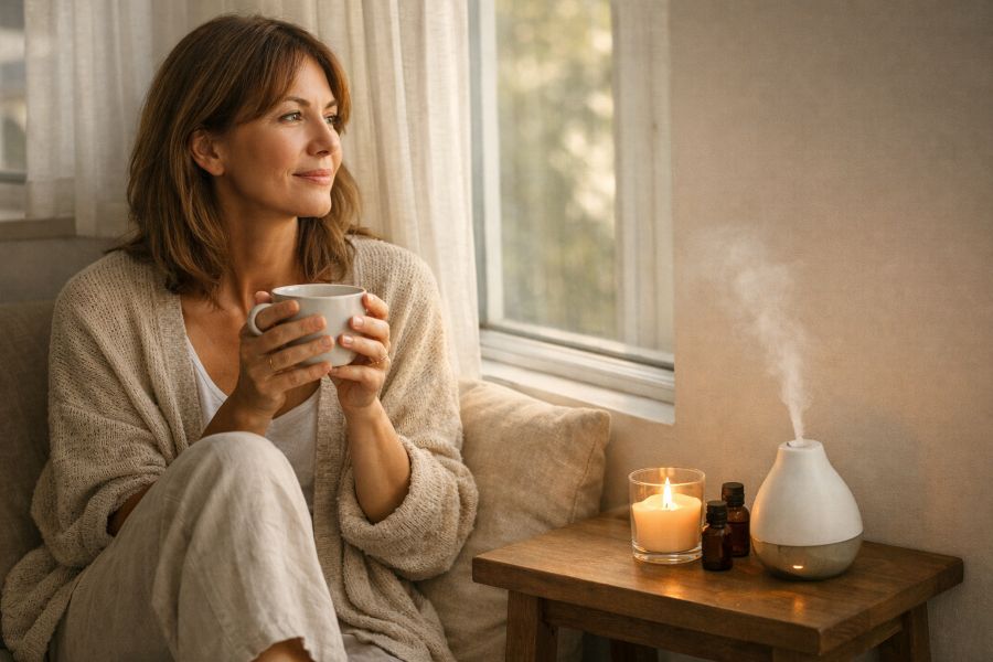 Frau um die 40 entspannt am Fenster mit Tee und Aromadiffuser – Selbstfürsorge mit ätherischen Ölen